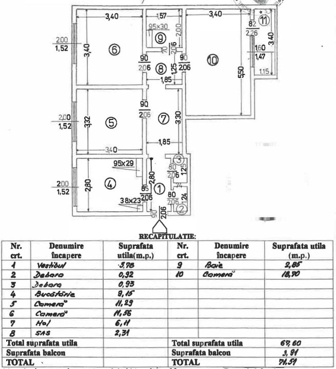 Apartament 3 camere 71.51mp- Salajan-decomandat